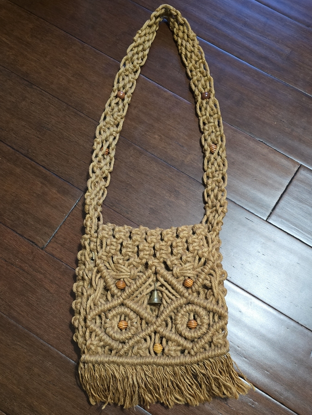 Vintage Handcrafted Macramé Fringe Crossbody Bag in Natural Beige